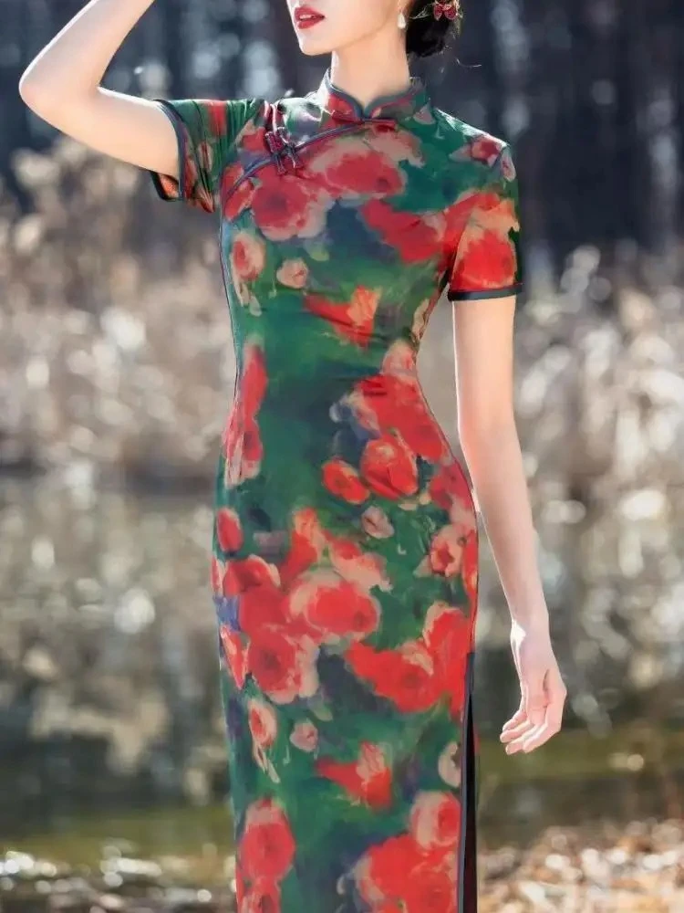 

2025 Старый Шанхайский Cheongsam с коротким рукавом, летнее молодое китайское стильное современное повседневное элегантное улучшенное длинное платье Ципао для женщин