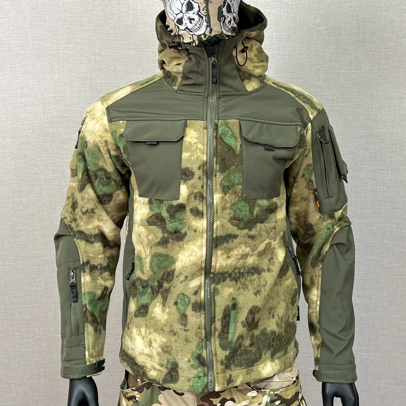 Autumn Winter Tactical Fleece Jacket Men Outdoor Hiking Windproof Warm Hooded Work Coat Camo Softshell Military Jacket Liner