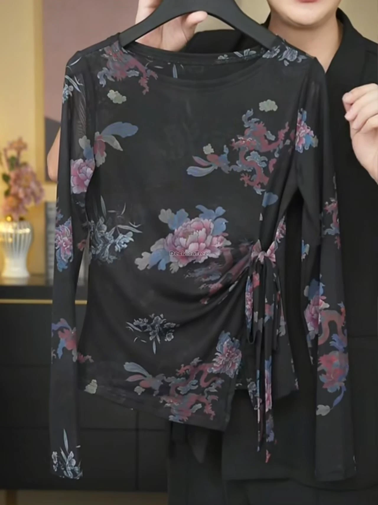 

2025 ретро-футболка в китайском стиле с длинными рукавами и круглым воротником для женщин, новая блузка Тан с принтом из тюля, базовый слой, костюм t001