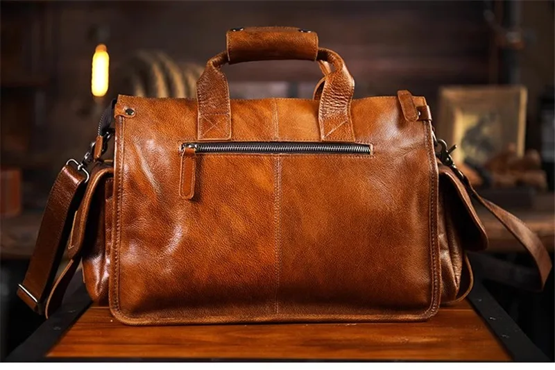 Vintage designer genuine leather men's multi-pocket briefcase business casual luxury cow leather work laptop handbag postman bag