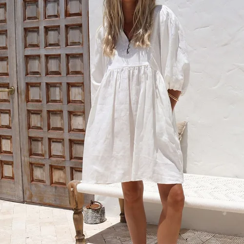 BAMBOOBOY-Vestido corto holgado para mujer, minivestido liso con cuello de pico y manga abullonada, informal, para vacaciones de verano y playa