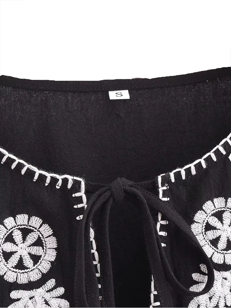 트라프 자 여성 빈티지 자수 타이 탑 스트리트 우아한 라운드 넥 카디건 긴 소매 셔츠 여름 캐주얼 블랙 루즈 탑 세련된 통근자 컴포트 셔츠