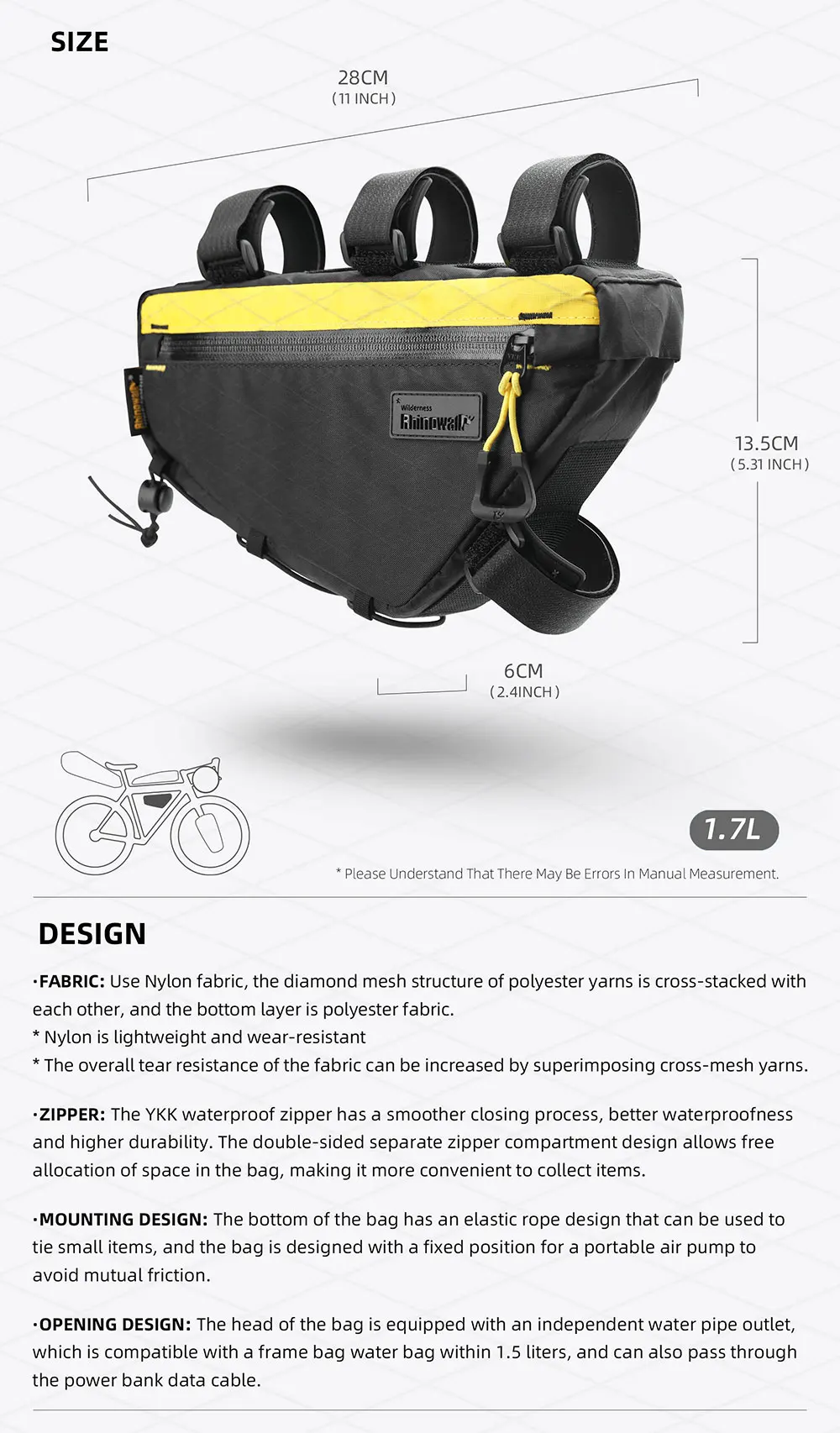 Rhinowalk Fahrrad-Rahmentasche, 1,7 l, dreieckige Fahrrad-Unterrohrtasche, spritzwassergeschützt, MTB-Straßenfahrradtasche, vermeiden Sie die Beinstütze, 1,5 l Wasserbeutel – Detail 5