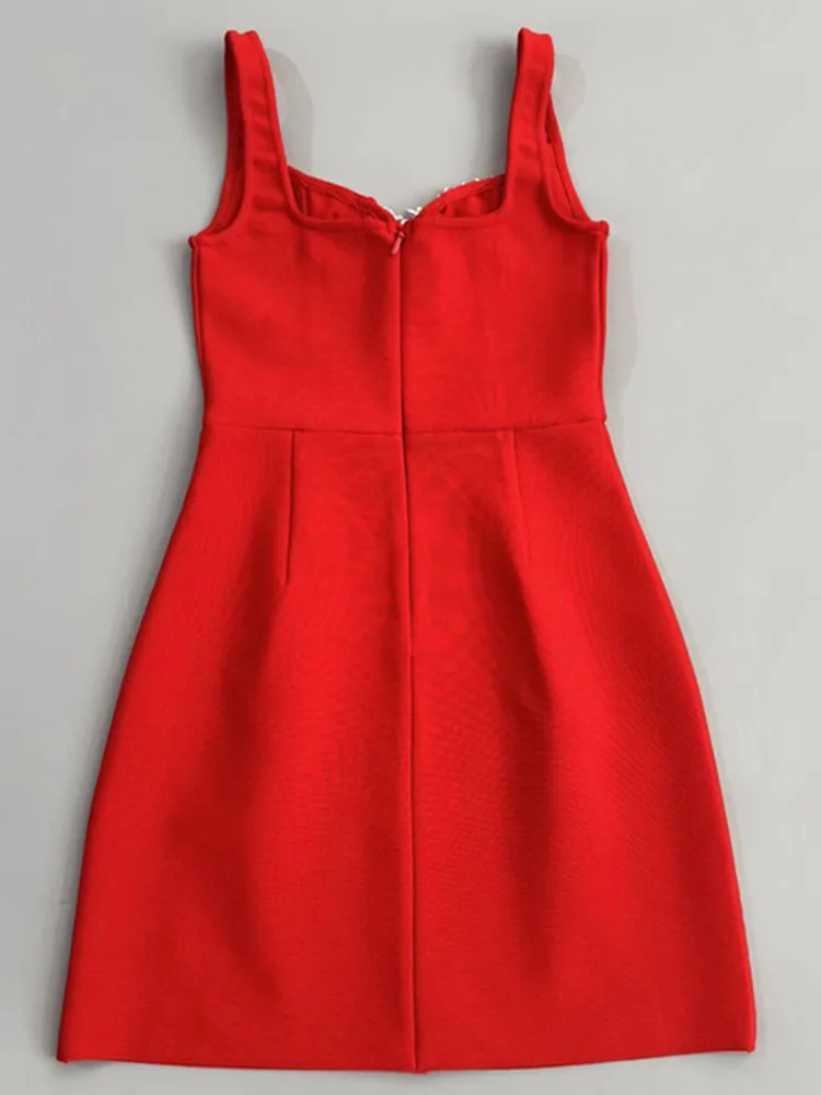 女性用セクシーノースリーブラインストーンレッドブラックセレブAラインプリーツボディコンバンデージドレス2025エレガントイブニングクラブパーティードレス