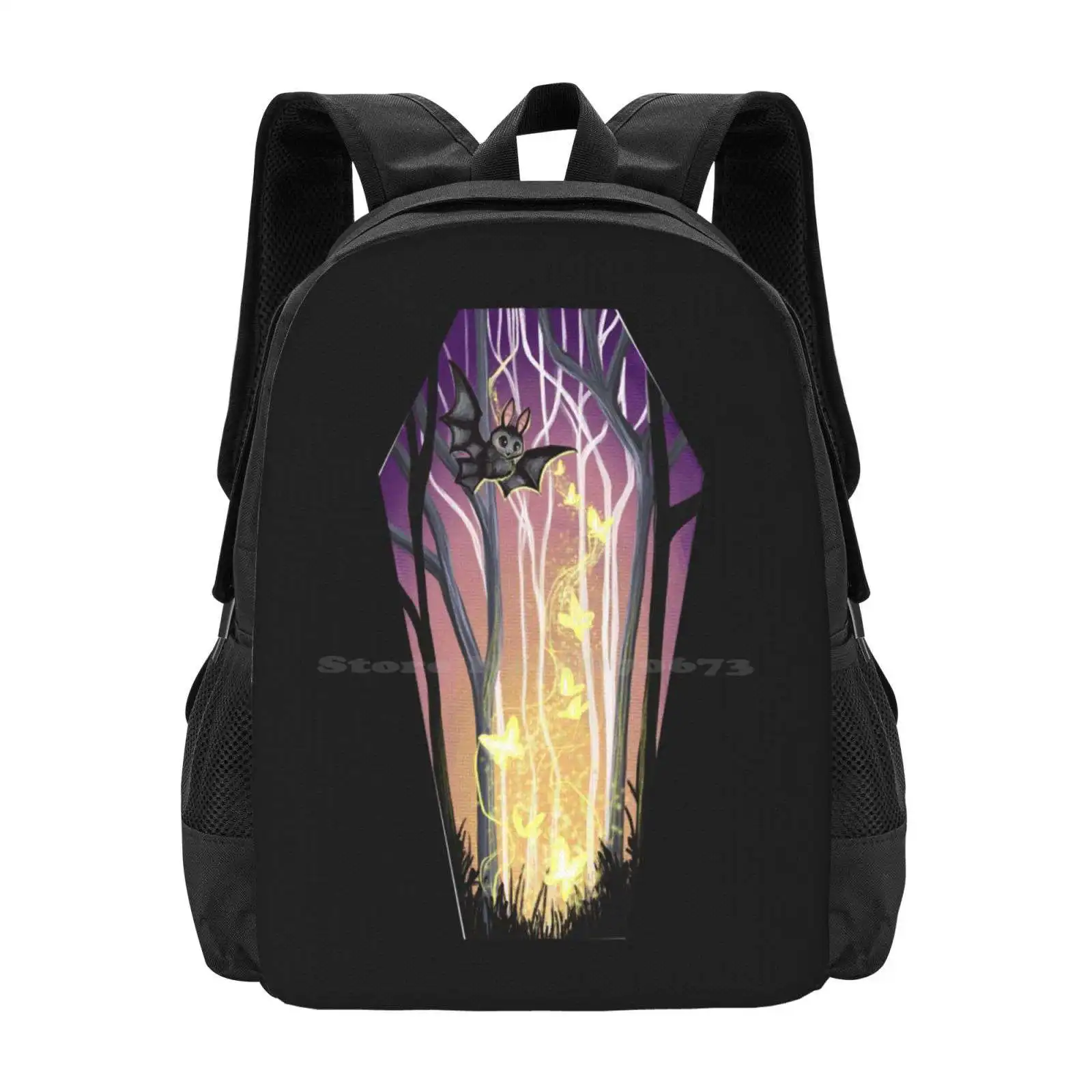 Bat In The Woods Coffin Hot Sale Schoolbag Backpack Fashion Bags Bat Halloween Moth Glow Spooky Haunted Woods