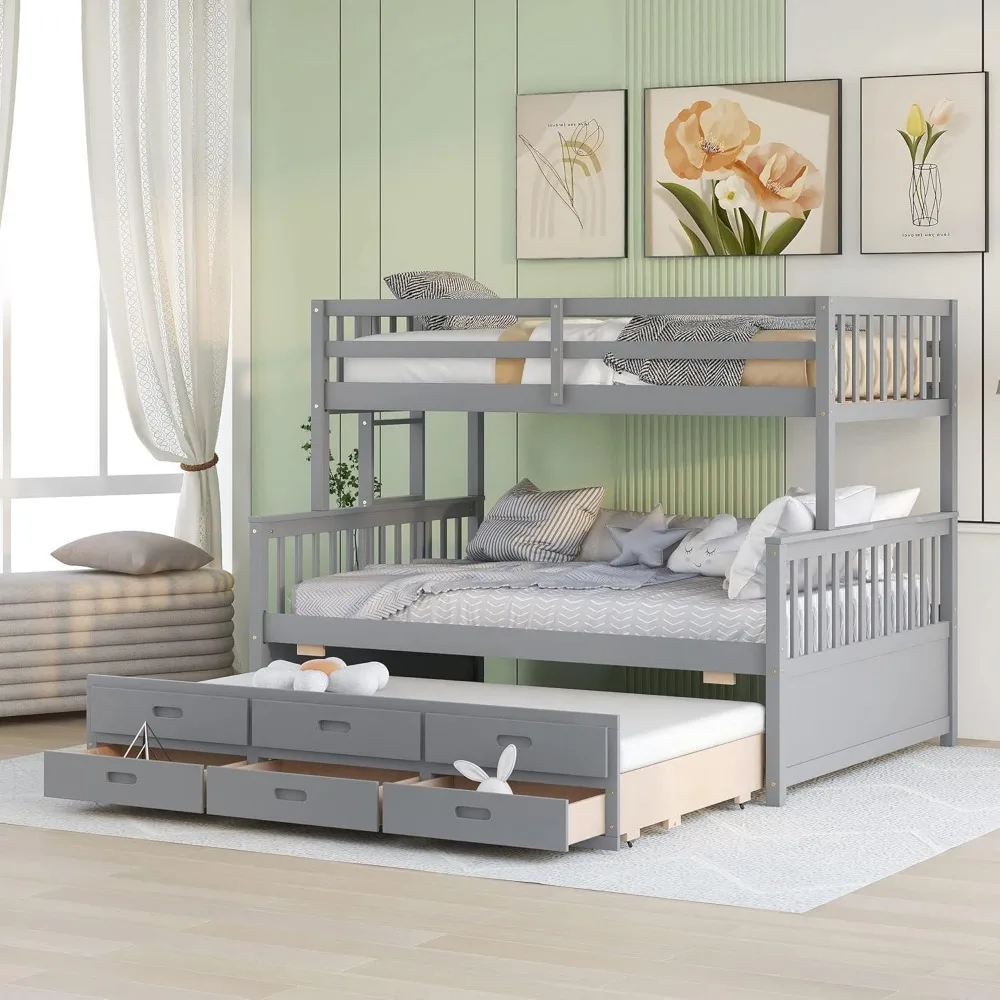 Harper & Bright Designs Twin Over Full Bunk Bed with Twin Size Trundle and 3 Storage Drawers, Solid Wood Bunk Bed Frame with Lad