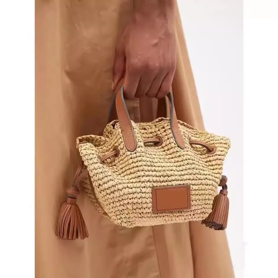 

Tassel Drawstring Straw Bag Patchwork Woven Raffia Bucket Bag Cute Round Shape Crossbody Tote Bag All-Match Beach Khaki HandBag