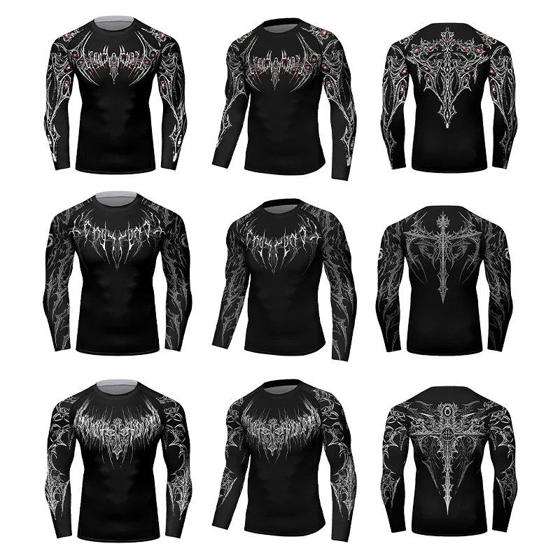 Men Dark Gothic Print Long Sleeve Compression Rashguard High Stretch MMA BJJ Muay Thai Grappling Kickboxing Training Shirt