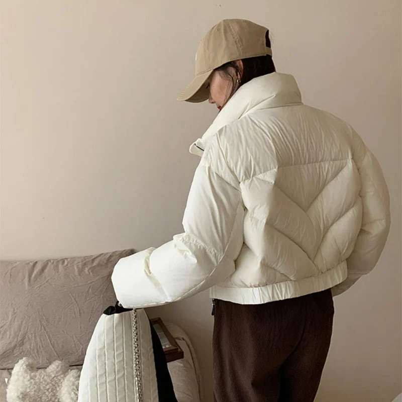 女性用コットンダウンジャケット,ショートパーカー,シックな厚手のパンコート,スタンドアップカラー,ジッパー付き衣類,アウター,ファッション,冬,新品,2024