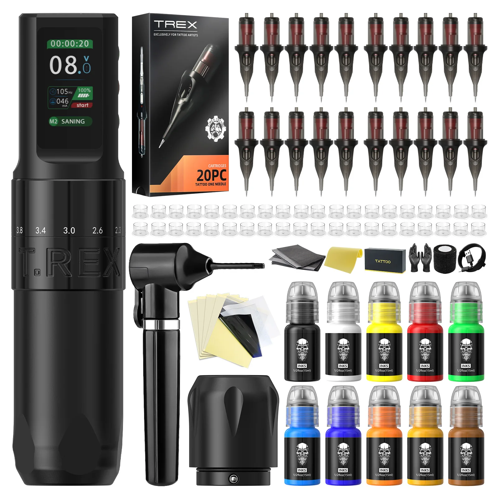 

Tattoo Kit T-Rex High Quality Tattoo Pen Kit, Permanent Makeup Tattoo Machine Kit 7 Segment Stroke Adjustable Tattoo Gun Kit