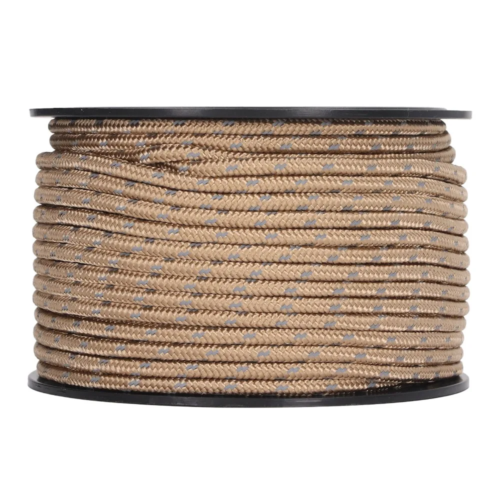 Bold 50m Length Reflective Tent Rope PP Khaki Camping Guyline Cord Anti-Wear 6mm Diameter Outdoor Tent Rope Camping