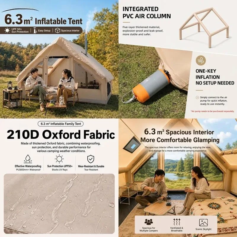 SONUTO 6.3m2 Air Tent 4-6 Person Stove Jack TPU Window Oxford Waterproof 4 Season Luxury Glamping Automatic Cabin Tent for