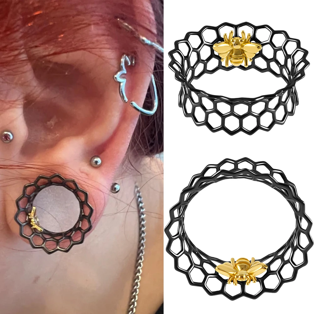 1PC Copper Hollow Honeycomb Single Flared Ear Plug Tunnels Bee Ear Gauge Earring Stretchers Expanders Piercing Jewelry 8mm-25mm