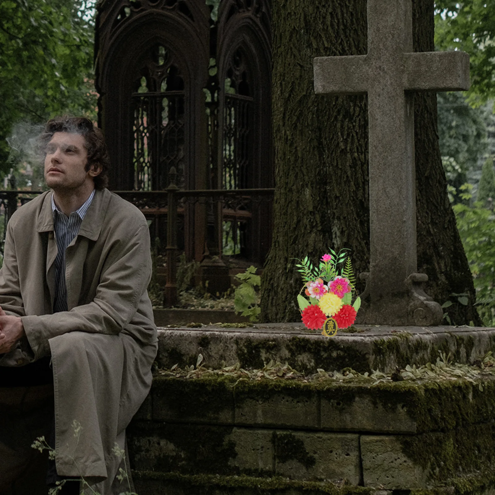 

2Pcs Cemetery Flowers Artificial Memorial Fake Bouquet for Graveyard Decoration Headstone Flower Basket Headstone Flower Saddle