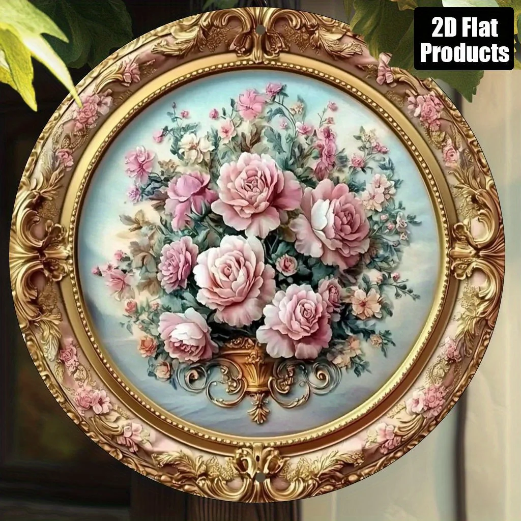 2D Flat, 1pc Floral Round Aluminum Wall Art Plaque - Vintage Home Decor with Pink Roses & Golden Frame, 8x8 Inch Durable Metal S