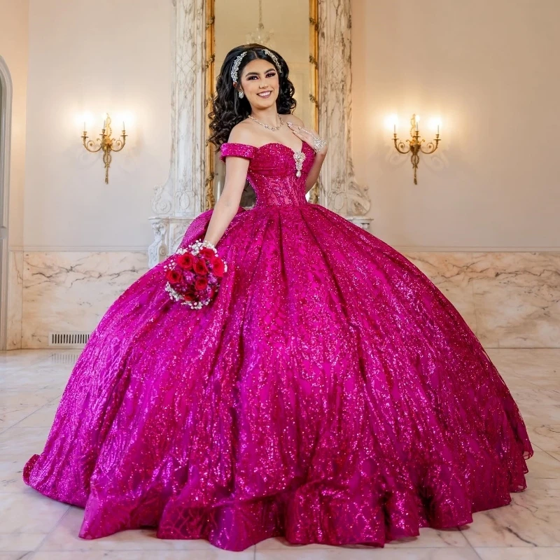 Rose Red Illusion Glitter Crystal Sequined Quinceanera Dresses Ball Gown Off The Shoulder Beading Corset Tull Vestidos 15 De XV