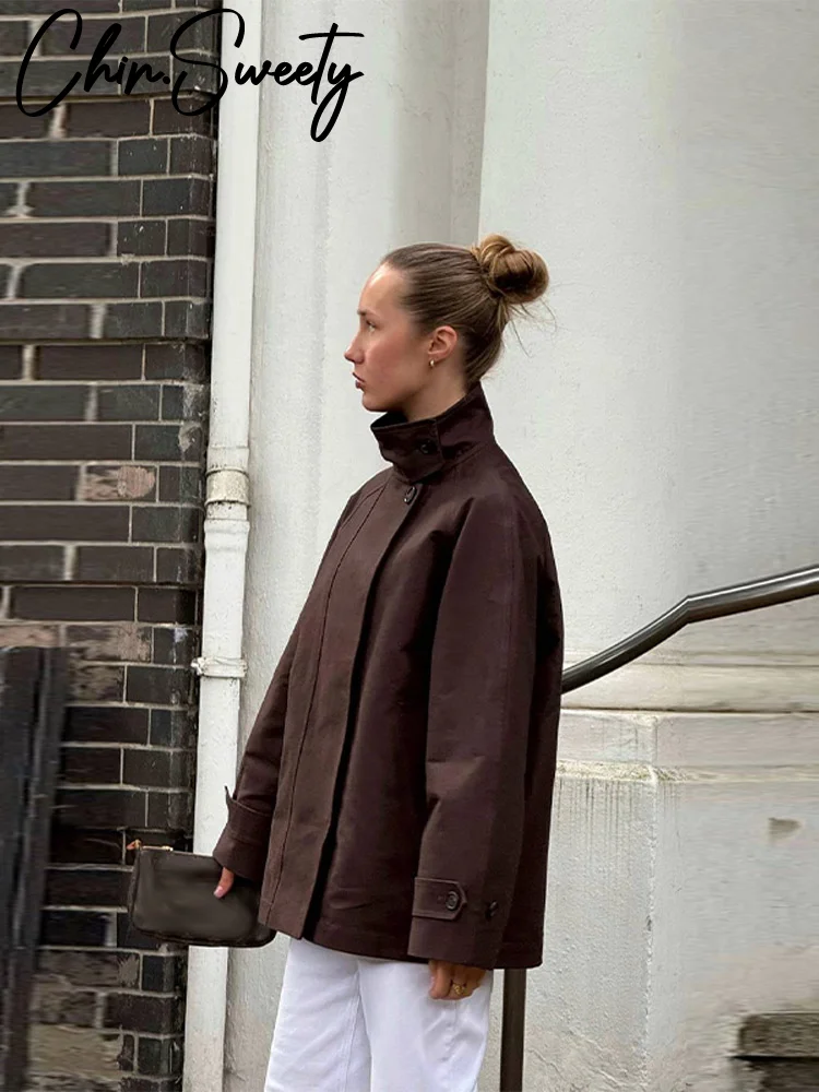 

Casual Stand Collar Loose Jacket Women Solid Full Sleeve Single Breasted All-match Female Coat 2025 Street Autumn Coats New