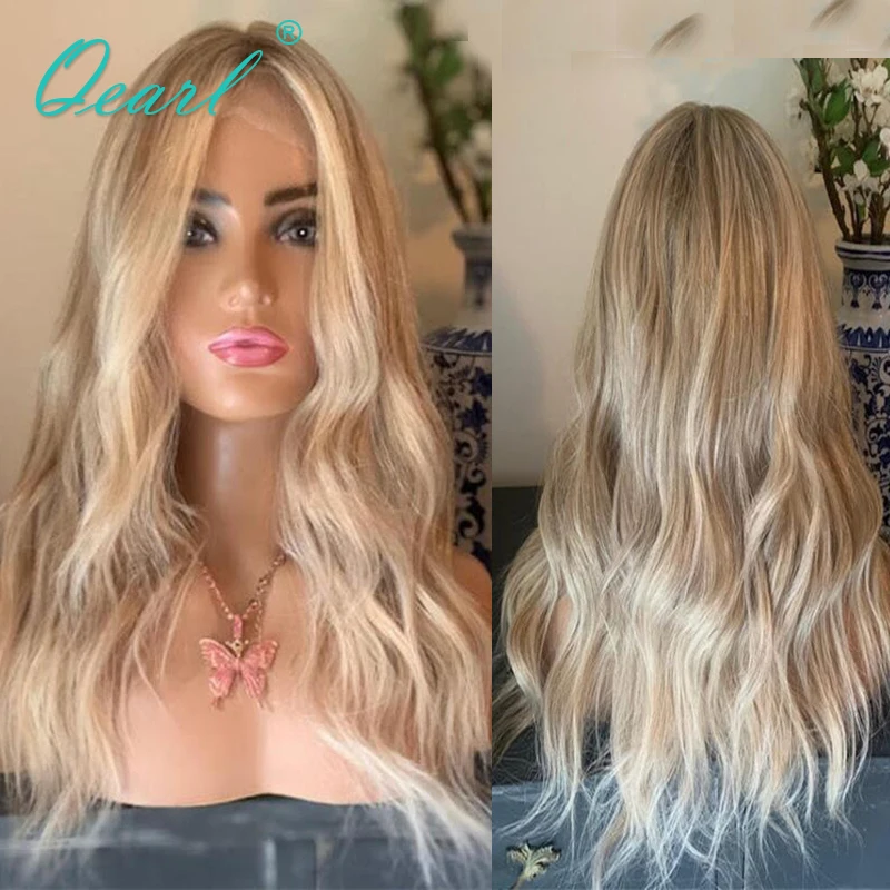 

Full Lace Human Hair Wig HD Transparent Natural Wave 13x6 Lace Frontal Wigs for Women Golden Ash Blonde Color Pre Plucked Qearl