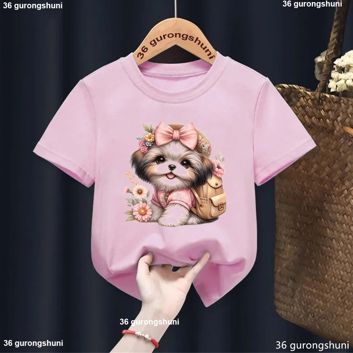 

New Summer Style Girls T-Shirt Fun Nywatercolor Shih Tzu Dog Animal Print Baby Girls Tshirt Fashion Kids T Shirt Pink Shirt Tops
