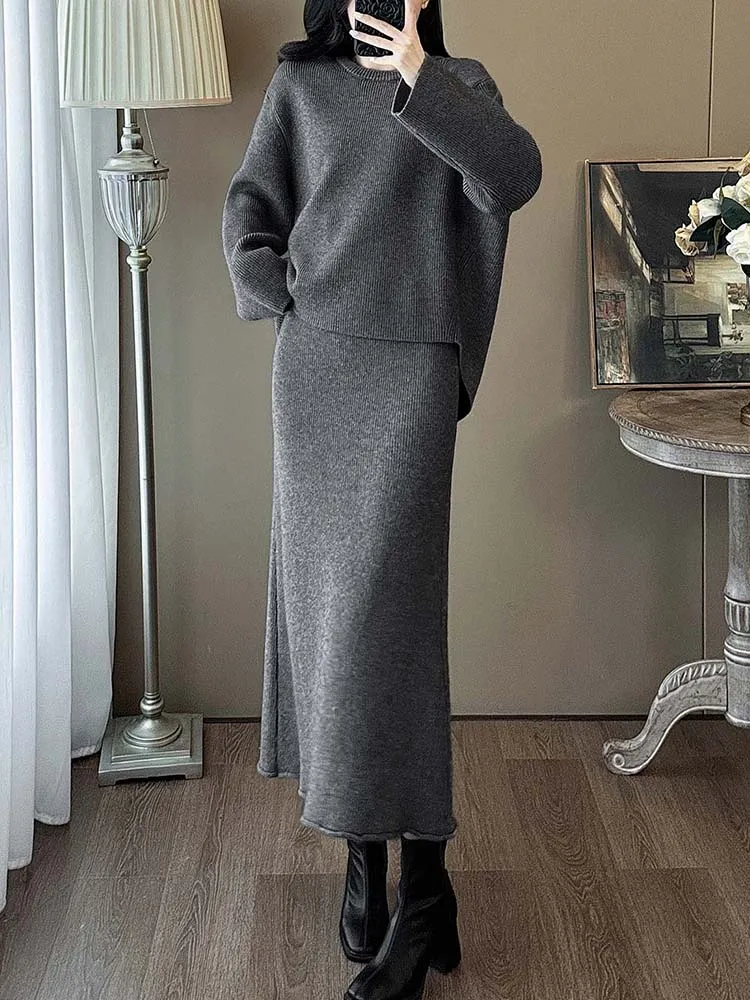 

High Quality Knitted Round Neck Pullover Top+Skirt Two-Piece Set 2025 New Fashionable Autumn Women'S Clothing