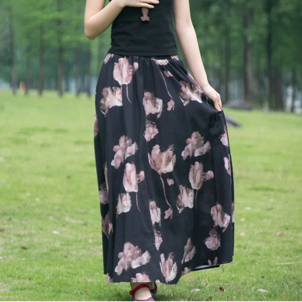 New 2026 Spring Autumn Women's Ethnic Cotton Linen High Waist Elastic Waist Large Skirt A-Line Skirt Photography Actual Size