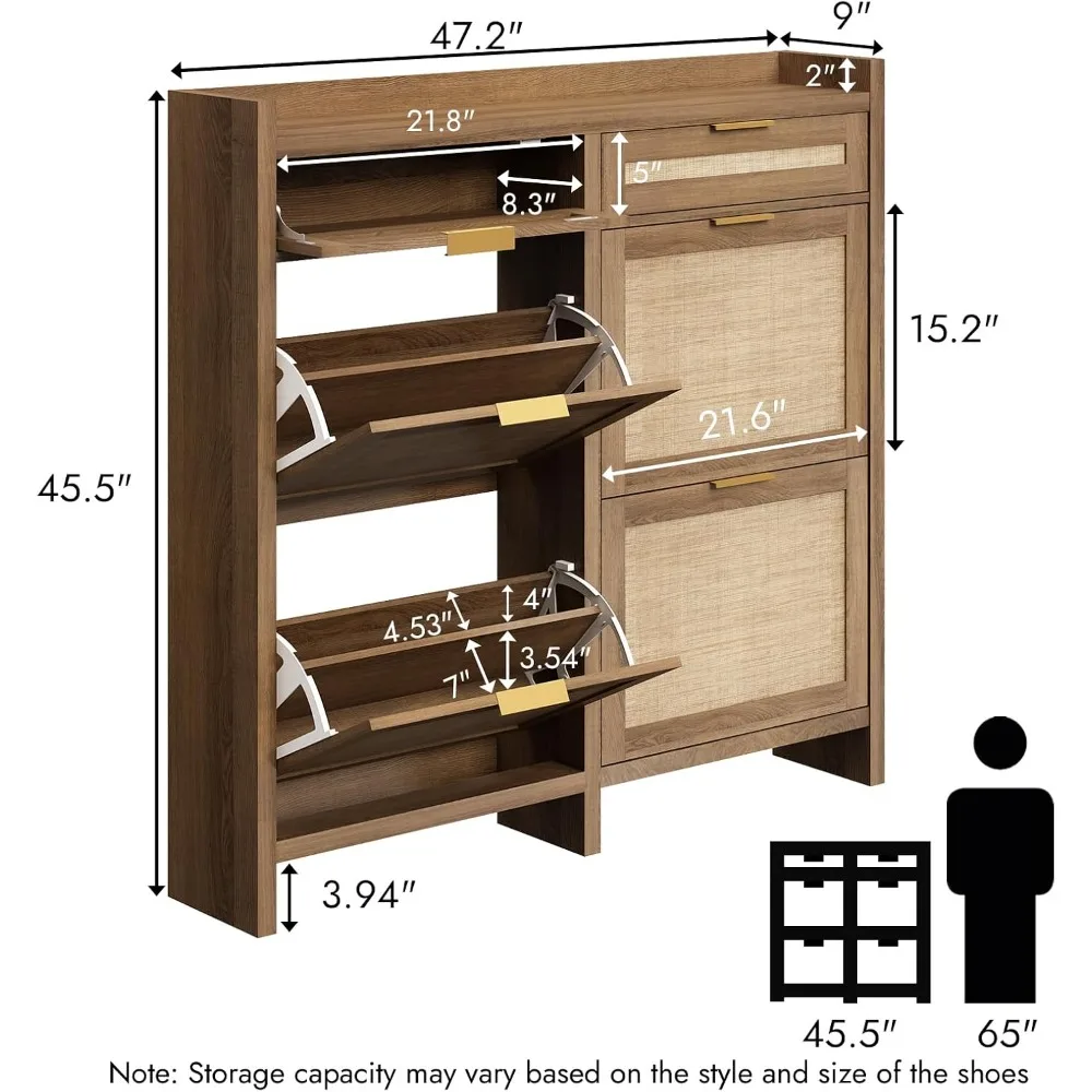 Large Rattan Shoe Storage Cabinet with 4 Flip Drawers & 2 Storages