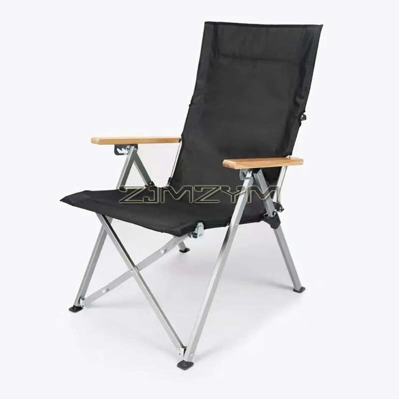 Folding Camping Chair 4 Positon Adjustable Recliner with High Back Support, Beech Wood Arm Rest, Portable, Black/ Light Khaki