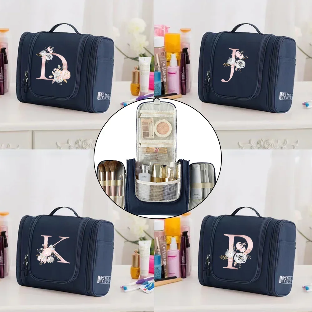 

Washing Toiletry Storage Bags Cosmetic Bag Hanging Travel Organizer Bag Pink Flower Initials Pattern Women Travel Makeup Bag