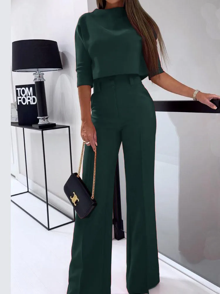 D​rauuing  2 Pieces Sets Elegant T Shirts Half Sleeve And Wide Leg Pant Outfits Women Solid 2 Pant Sets For Women Casual Fashion