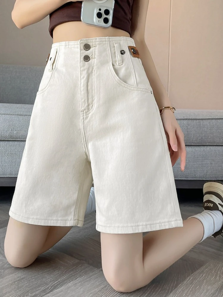 Straight denim shorts women loose summer thin double button high waist fashion versatile wide leg five quarter pants