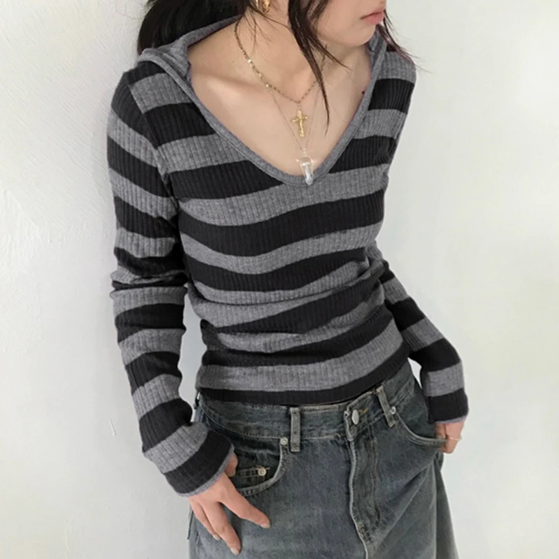 IAMHOTTY Korean Fashion Striped Knit Hooded Top Autumn Spring Long Sleeve T-shirts Vintage Slim-fitting Knitwear Grunge Hoodie
