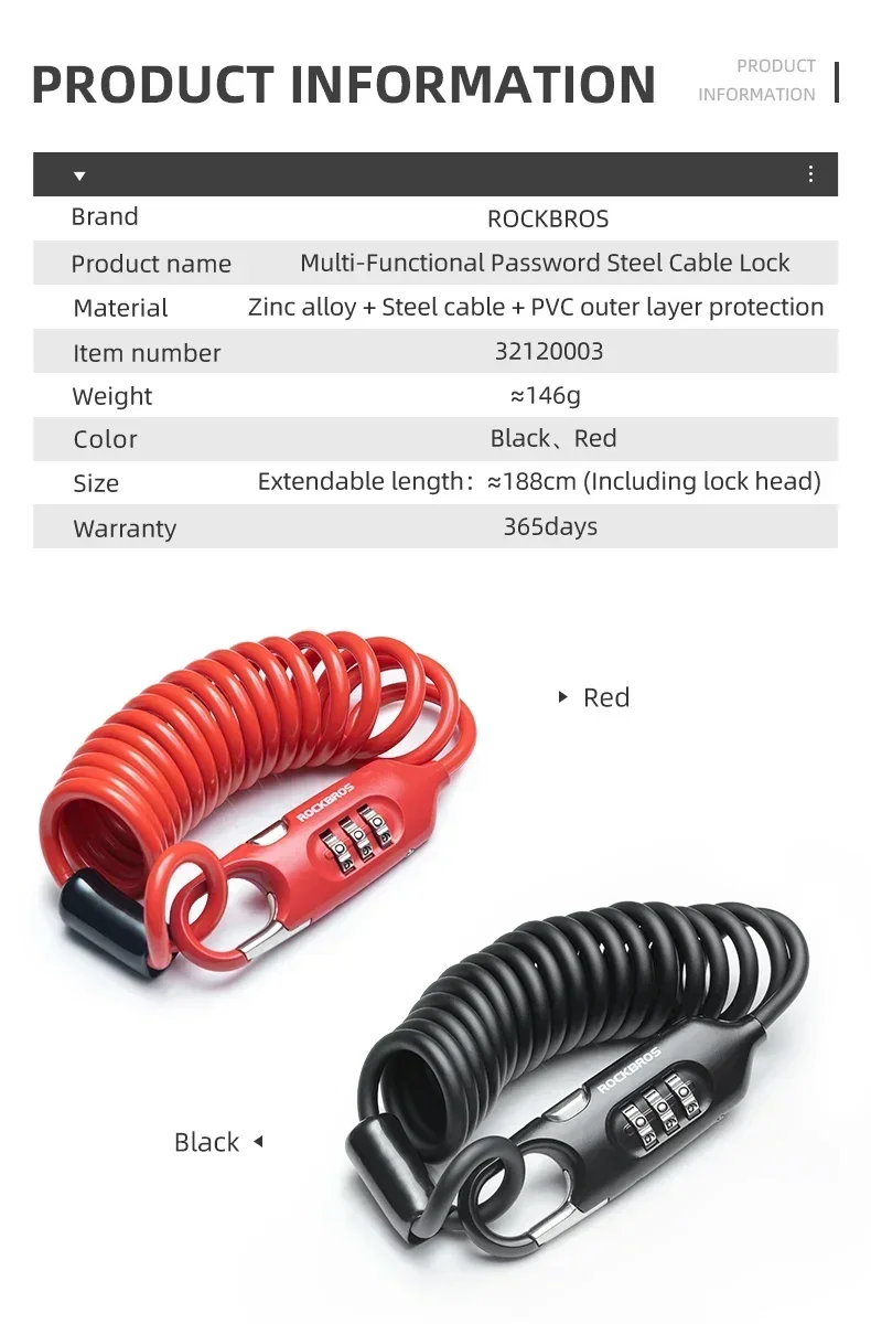 

ROCKBROS Bicycle Lock Portable Anti-theft Safety Password Steel Cable Chain Security Password 3 Digit Lock Helmet Lock Accessory