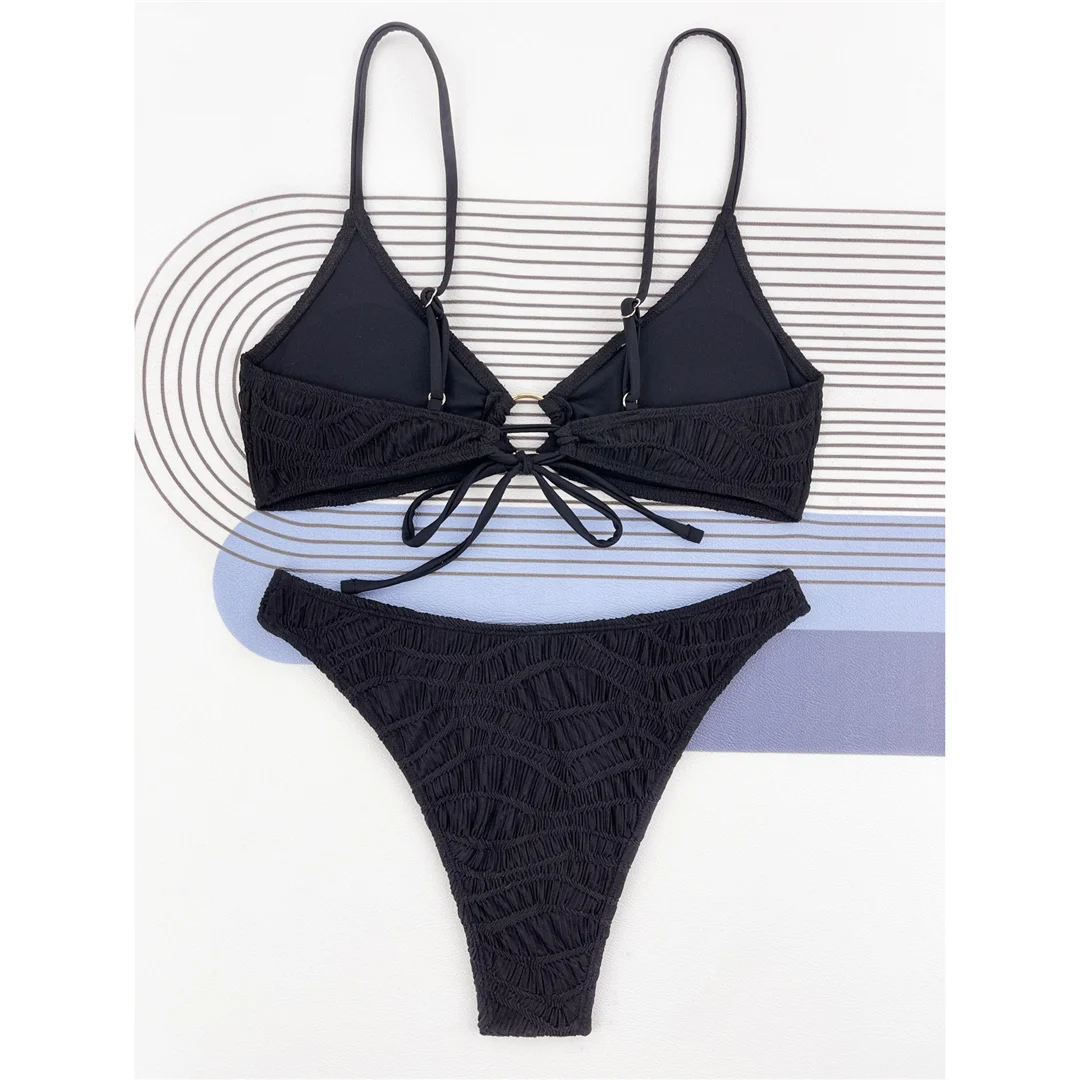 Bikini mit Faltenmuster-Metallring, mittelhoher Bund, Damen-Badeanzug, zweiteiliges Bikini-Set, gepolsterter Badeanzug, Badebekleidung, Modell V4567. – Detail 24
