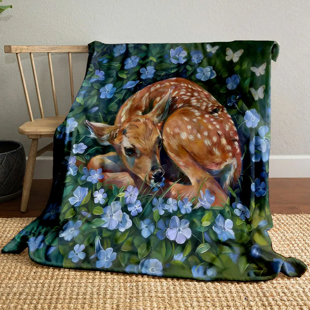 1PC The Fawn Is Surrounded By Flowers Print Warm Comfortable Blanket Home Travel Camping for Adults and Kids Luxury Gifts
