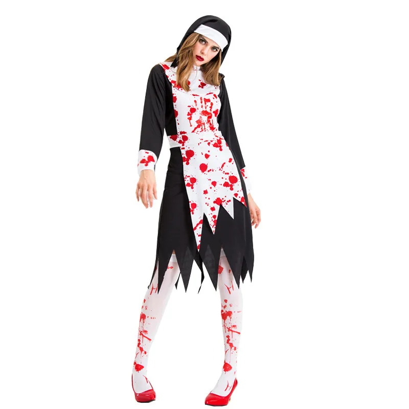 loween  Zombie Bloodstain Nun Costume Role-plang Horror Drip Blood Nun Outfit Women's Ethnic Stage Costume