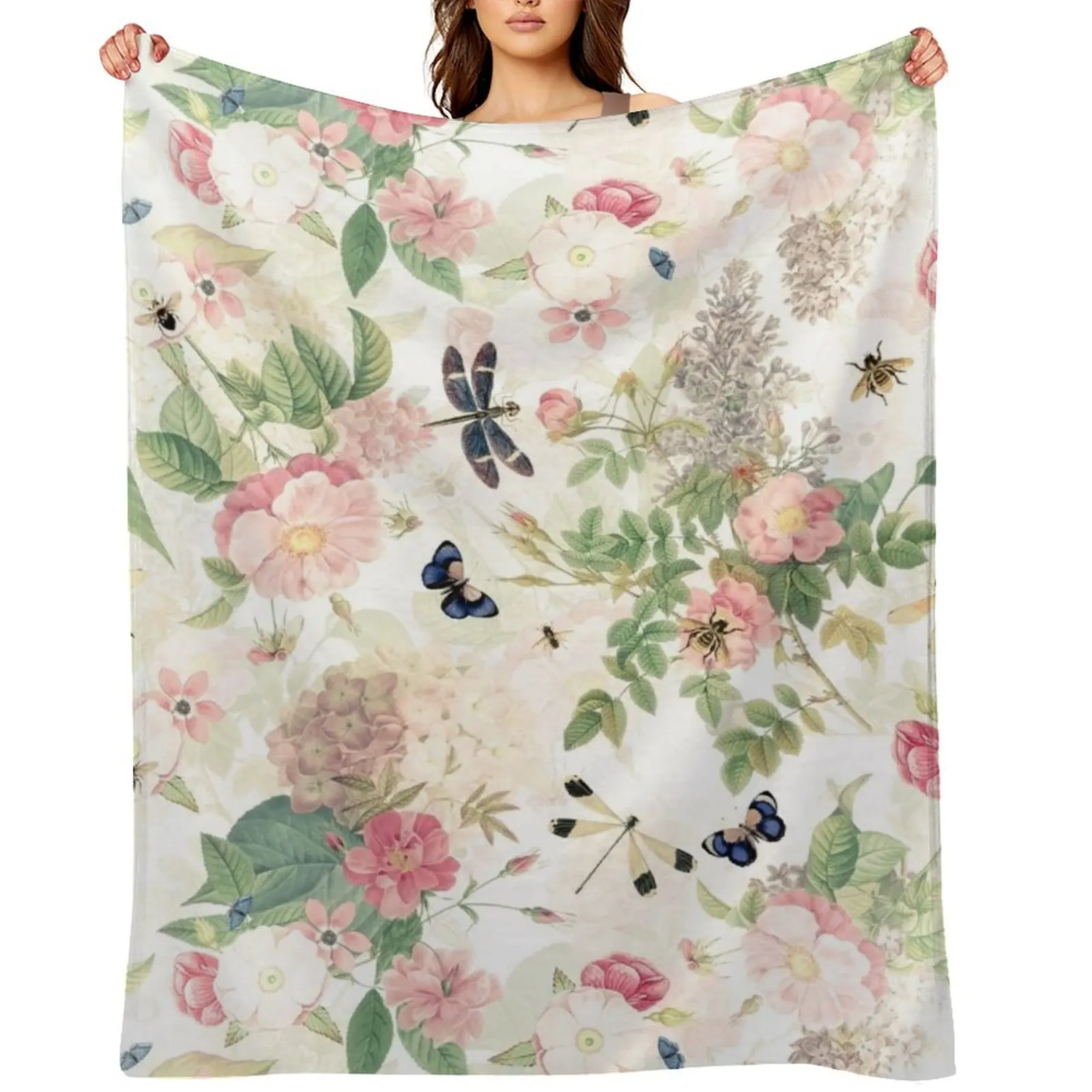 

UtART - Vintage Roses Spring Flower And Early Insects Pattern - Sepia Blush Cream white Throw Blanket Heavy Blankets