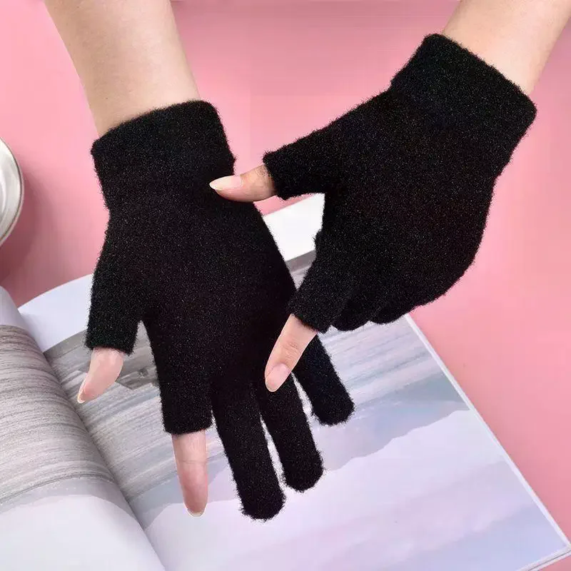 1Pair Black Gray Men & Women Winter Warm Fingerless Gloves For Writing And Touch Screen Use Casual Outings Riding Gloves