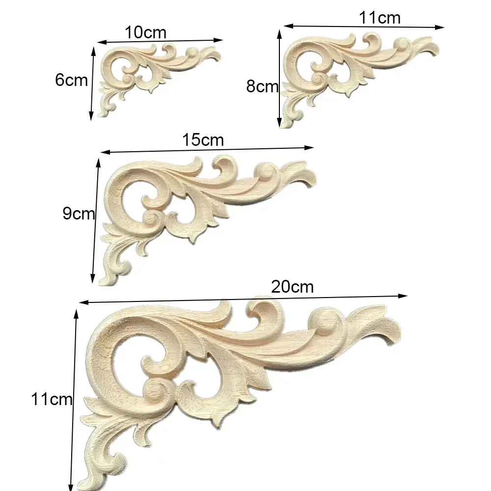 4PCS Woodcarving Decal Corner Applique Frame Door Decor Wall Furniture Decorative Figurines Wood Miniature Flower Branch 10-20cm