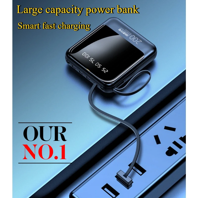 Mini Portable Power Bank with 20000mAh Large Capacity and Built-in Cable