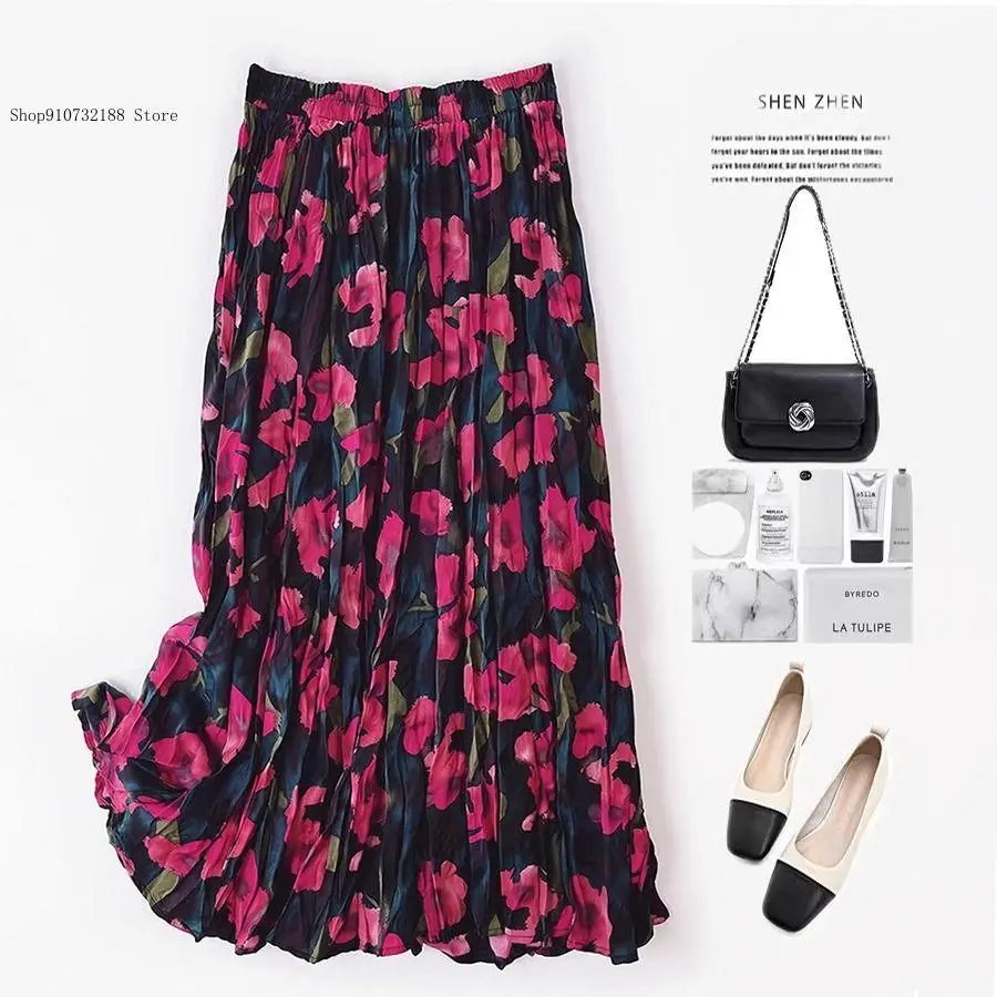 Spring and Autumn Leisure Commuting Loose Folded Large Pendant Printed Retro Floral Matching Sweater Coat Bottom Skirt