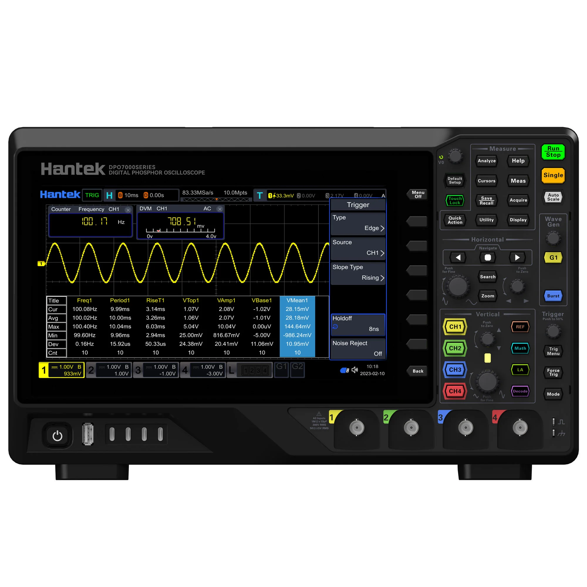 

Hantek Oscilloscope DPO7104E 4 Channel 100MHZ Waveform Generator 16 Channel Logic 10.1 Inch Screen 2G Memory Depth