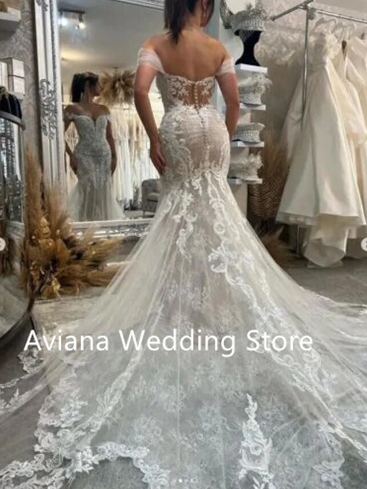 Vestido de Novia de sirena con Apliques de Encaje, Sexy, personalizado, con hombros descubiertos, escote en forma de corazón, cola de corte, Vestido de Novia Boda 2025