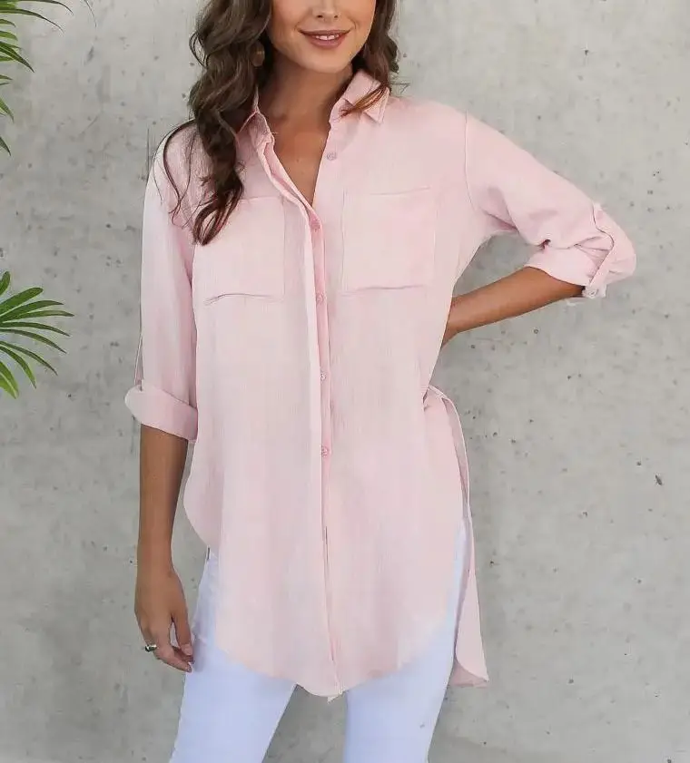 

Повседневная однотонная рубашка с длинными рукавами средней длины с разрезом и закрученным дизайном для удобной носки