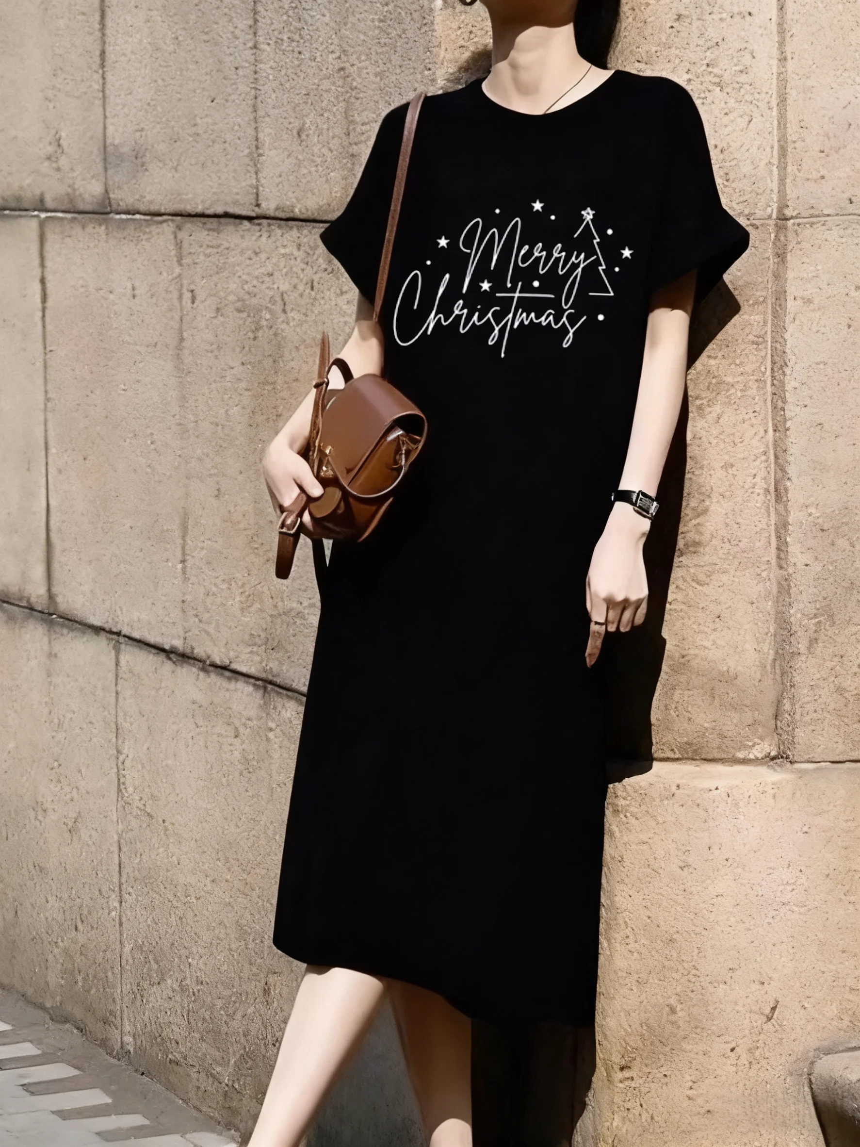 

Christmas Letters Pattern Printing Short Sleeved Dress Mid Length Over Knee Dress Y2K Harajuku Leisure Fashion Women's Long Tees