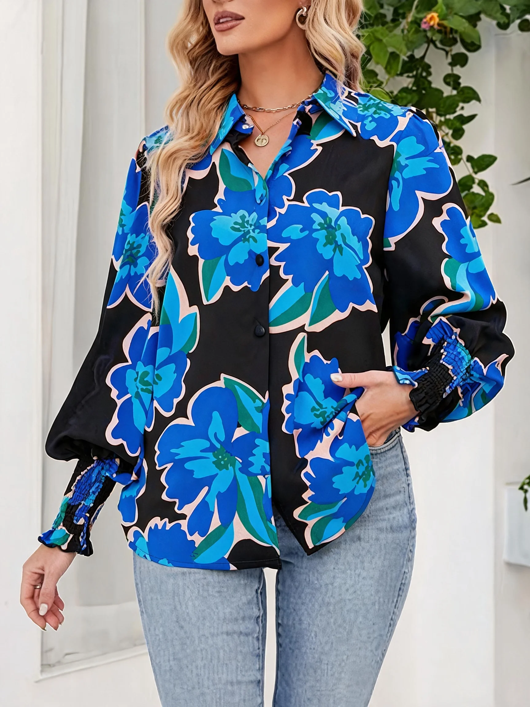 

French Vintage Large Print Loose Slimming Lantern Sleeve Women's Shirt Casual Versatile Commute Friendly