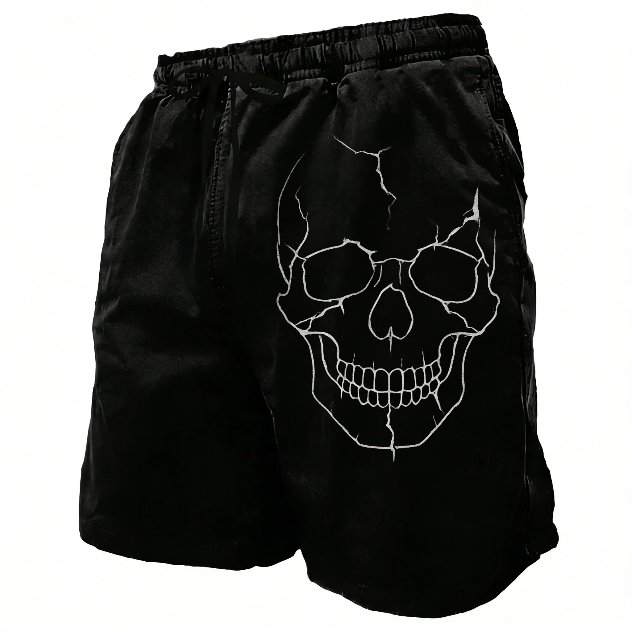 Men's Black Cracked Skull Print Drawstring Shorts, Spring Summer Dark Street Casual Shorts, Pocket Beach Shorts