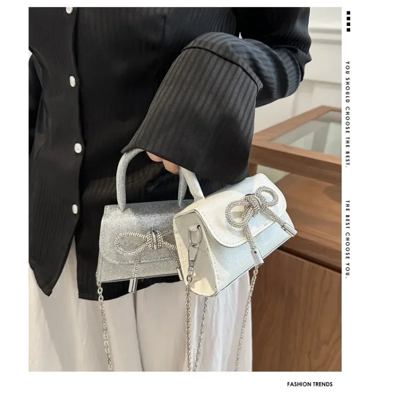 

1pcs PU Leather Glitter Small Square Handbag with Detachable Chain Strap & Bow Design Women's Fashion Shoulder Bag