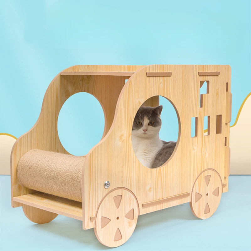 

Car-shaped Wooden Cat Bed with Wheels Scratch-resistant Pet House with Moving Wheels All-Season Cozy Cats Furniture for Indoor
