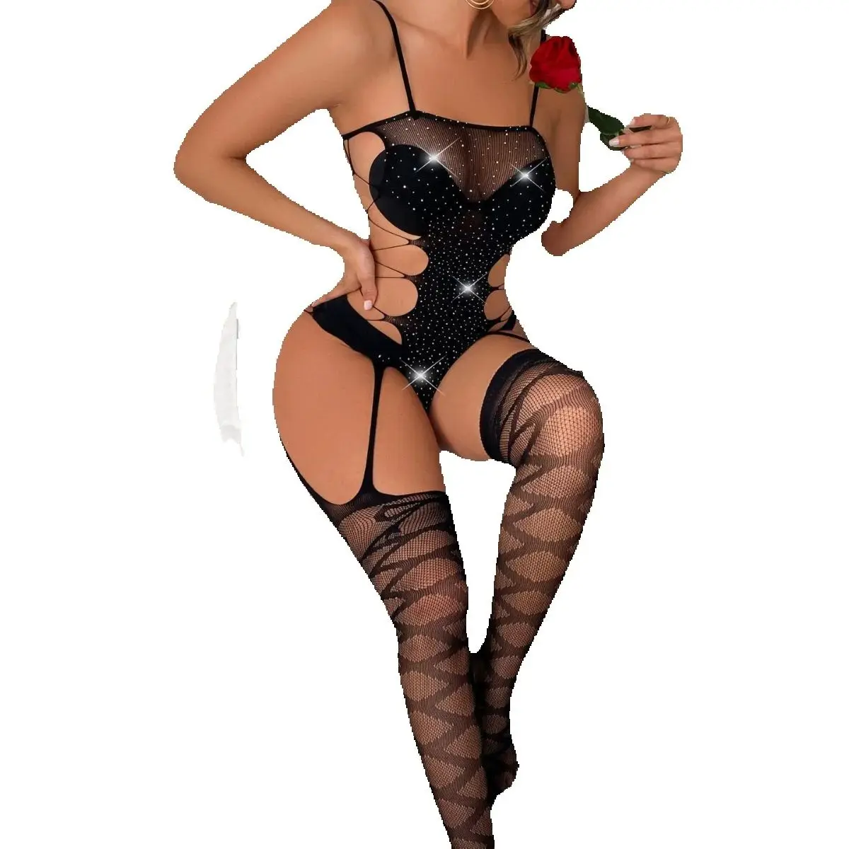 섹시한 다이아몬드 스파클링 네트 의상, 전신 바디스타킹, 라인스톤 크리스탈 란제리