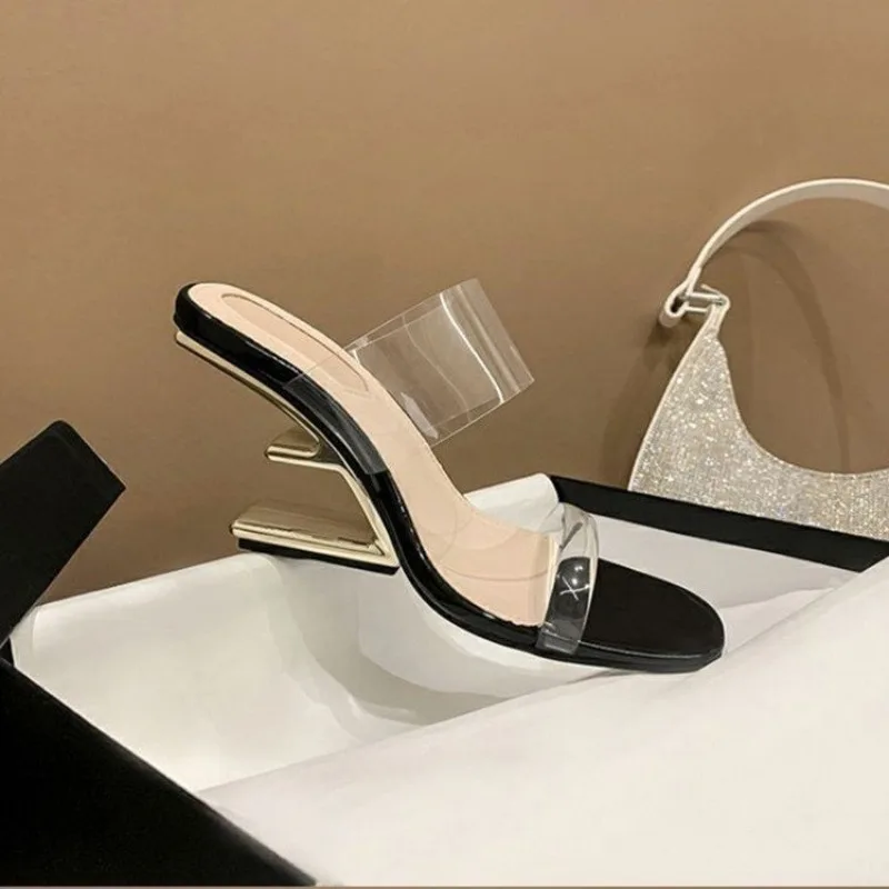 Summer Slippers Women\'s New Shaped Heel Square Toe Transparent Sandals Casual Fashion High Heeled Sandals